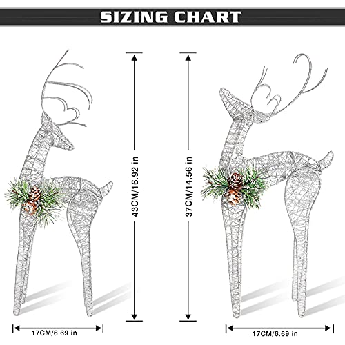 2pc Set White Pinecone Rattan Silver Thread String Christmas Reindeer Figurine Table Desk Decorations Glittering Xmas Holiday Party Supply - color: Silver