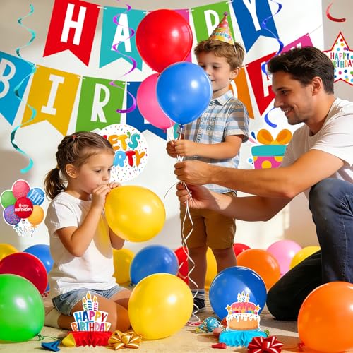 Happy Birthday Decorations Kit: Happy Birthday Banner,Birthday Circle Confetti Garland, Swirl Streamers, Honeycomb Balls, Birthday Balloons and Honeycomb Centerpiece for Kids' Birthday Party Supplies - style: BIRTHDAY