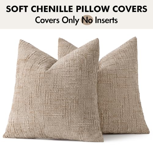 MIULEE Chenille Textured Throw Pillow Covers Oatmeal 18x18 Set of 2 - color: Oatmeal, size: 18" x 18" (Pack of 2)