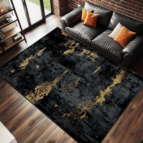 RELEANY Washable 5'x8' Abstract Area Rug for Living Room Black Gold - color: Black/Gold, size: 5' x 8' (Rectangular)