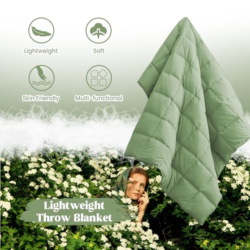 puredown® Soft Feather Down Throw Blanket Lightweight Packable Couch Throw for Indoor and Outdoor Use, Throw 50"X70", Sage Green - color: Sage Green, size: Throw