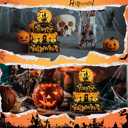 Britimes Halloween Rustic Tiered Tray Decor Set, 4 Pack, Wooden Table Sign - style: Haunted House