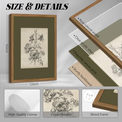 Vintage Botanical Wall Art Decor Sage Green Floral Prints Flower Pictures - color: Vintage Floral Art, size: 12''x16'' Wood Framed