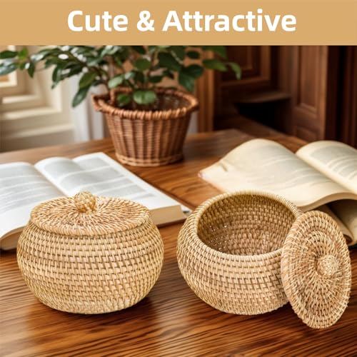 WRINGKIT Small Rattan Basket Box with Lid, Handmade Woven