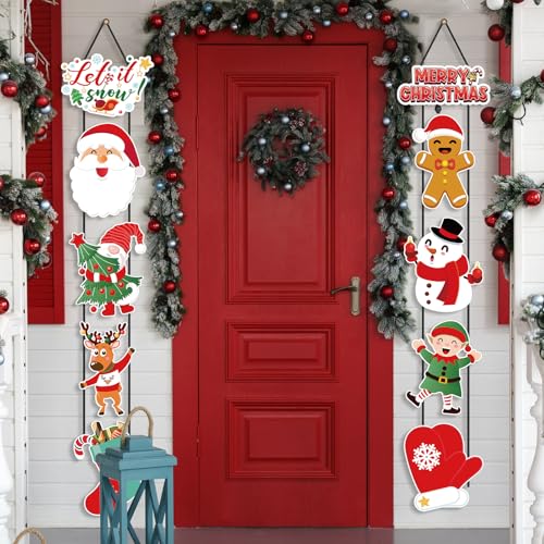 CroBlissful 2 Sets Christmas Porch Sign Santa Snowman Elf Door Banner - style: Christmas
