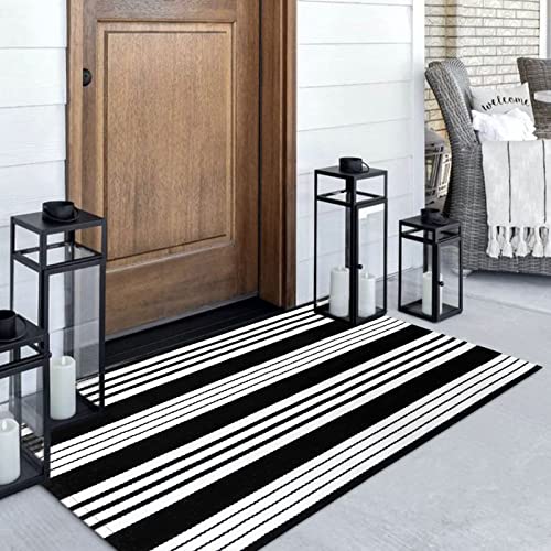 LEEVAN 3'X5' Black and White Striped Woven Cotton Reversible Outdoor Rug - color: Black Strip, size: 3' x 5'