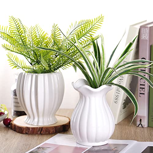 VanEnjoy 6 inch Modern Ribbed Design Small White Ceramic Decorative Tabletop Centerpiece Vase Flower Pot - White Spiral - style: Tropical