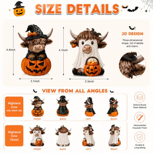 Karenhi 2 Pcs Halloween Highland Cows Figurines Resin, Pumpkin Decor - style: Ghost