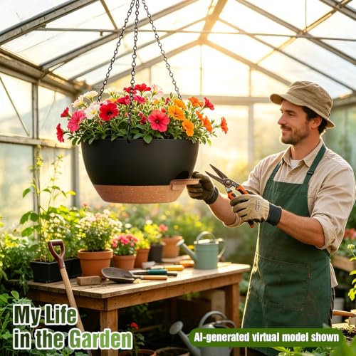 13 Inch Large Self Watering Hanging Planters 2 Pack with Saucers - color: Black Brown, size: 13 Inch 2 Pack