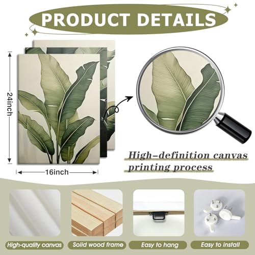 Doqueodas 3Pcs Tropical Leaf Canvas Wall Art16 x 24 inch Framed - color: Banana leaf plants Framed, size: 24"Lx 16"W