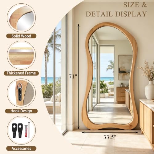 71"x33.5" Irregular Full Length Mirror with Solid Wood Frame - color: Natural Wood Frame, size: 71"L x 33.5"W