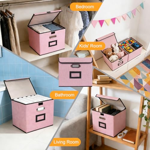 Large Square Storage Bin with Lid, Foldable Organizer Box with Handles & Label Design, for Office, Closet, Home, Documents, Pink, 12.20 x 10.63 x 10.63 Inches, 1 Pack - color: Pink, style: Square - 1 Pack