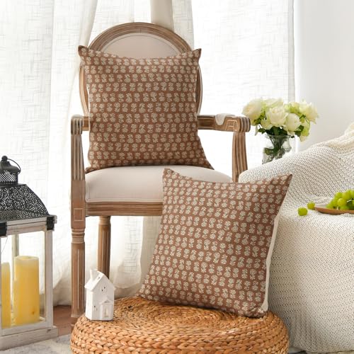 AVOIN colorlife Vintage Floral Boho Throw Pillow Covers Set of 2, 18 x 18 Inch Modern Farmhouse Bohemia Flowers Light Orange Brown Cushion Case Decoration for Sofa Couch Living Room Bedroom - color: Orange Brown, size: 18" x 18" (Pack of 2)