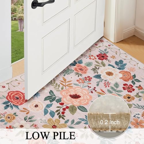 DUKINO 2x4 Entryway Rug, Floral Washable Kitchen Rugs Non Slip, Beige - color: Beige, size: 2' x 4' (Rectangular)