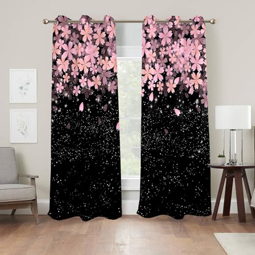 Pink Cherry Blossom Blackout Curtains for Bedroom 2 Panels 45" L x 29" W - color: Black & Pink, size: 29"W x 45"L (Pack of 2)