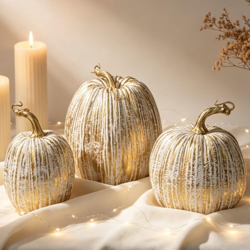 winemana Gold Pumpkins Fall Decor Large Artificial Foam Pumpkin, 3 Pack - color: Gold-2