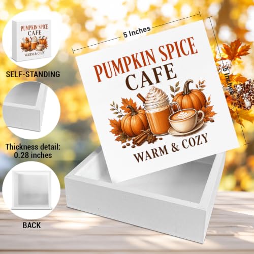 Fall Home Decor, Pumpkin Spice Cafe Desk Decor, Pumpkin Spice Cafe Wooden Box Sign, Farmhouse Fall Shelf Decoration for Home Coffee Bar Thanksgiving 5x5 Inches - color: Sign-6