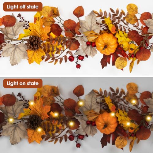 6FT Fall Garland with Lights Pumpkins Pinecones for Mantle, Table, Porch - color: Brown & Gold & Gray