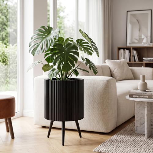 GIANTEX 14 Inch Plant Pot with Stand, Mid-Century Modern Fluted Planter - size: 14"×21"H