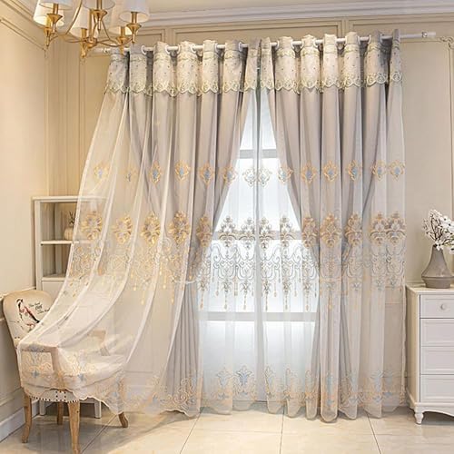 Amidoudou 1 Pair European Curtains with Valance Attached Double Layer Curtains for Living Room Bedroom (Grey,51x96 Inch) - color: Grey, size: 51"W x 96"L (Pack of 2)