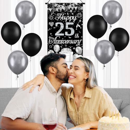 Happy Anniversary Decorations Small Banner Black Silver Happy 25th Anniversary Cruise Door Hanging Banner Porch Front Door Decor for Women Men 25 Years Silver Wedding Anniversaries Party Sign Supplies - color: Black
