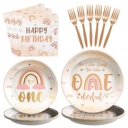 Greencian 96Pcs Isn't She Onederful Birthday Party Decorations, Serve 24 - style: Onederful 1st Kit