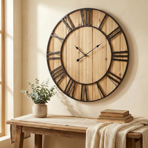 EMAX HOME Large Farmhouse Wall Clock 30 Inch Vintage Brown Wooden Wall Clock with Quiet Ticking and Minimalist Roman Numerals for Bedroom Living Room Office Kitchen Home Decor, Battery Operated - color: Brown, size: 30 Inch