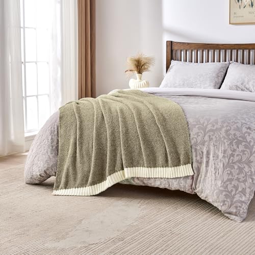 CozeCube Reversible Knitted Throw Blanket,Olive Green White Melange 50"x60" - color: M-olive Green, size: 50"x60"