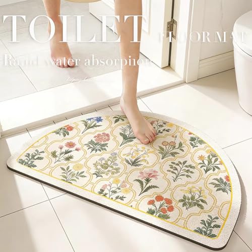 Vintage Floral Bathroom Rug Mat, 20"x32" Non-Slip Absorbent Bath Rug, Quick Dry Washable Entryway Rug, Retro Botanical Pattern Floor Mat for Bathroom, Kitchen, Bedroom (Yellow, Half Circle) - color: Half Circle,yellow, size: 32" x 20"