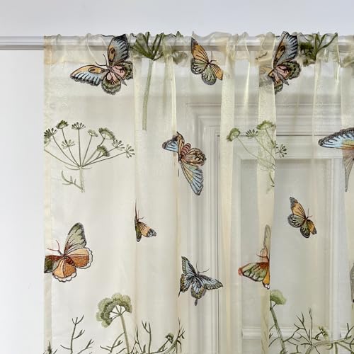 AiFish Embroidered Butterfly Window Semi Sheer Curtains for Kids Room Country Style Dandelion Pattern Room Divider Rod Pocket Tulle Gauze Voile Panel Drapes for Living Room 1 Panel W39 x L84 inch - size: 39"W x 84"L (Pack of 1)
