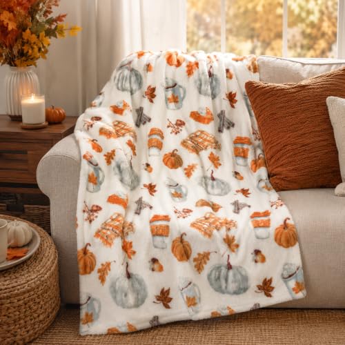 Fall Soft Fleece Throw Blanket, Pumpkin Spice Design, 50x70, Oversized - color: White Brown Tan