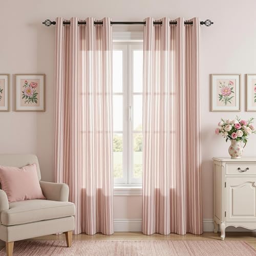 MYSKY HOME Red Striped Linen Curtains for Girls Bedroom 96 Inches 2 Panels - color: B-red, size: 52"W x 96"L (Pack of 2)