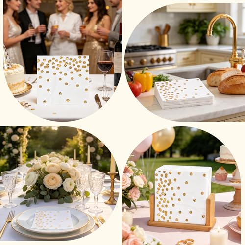 80 Pack of White Paper Cocktail Napkins with Gold Foil Polka Dot Confetti,Polka Dot Party Supplies(5 x 5 in,3-ply) (gold) - style: Gold Dot