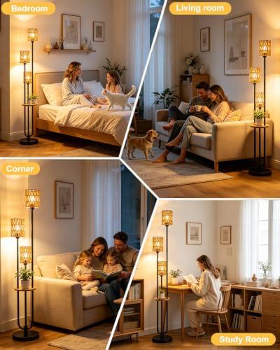 Lightdot Dimmable Boho Floor Lamps for Living Room 3-Lights 3000K Rattan Floor Lamp with Shelves Farmhouse Floor Lamp Rustic Black Standing Lamp with 5Lbs Heavy Base for Sofa Beside/Corner Decor - color: 3 Rattan-Black Shelf
