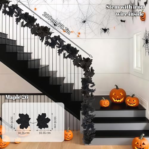 13 FT Black Garland Halloween 2pcs Artificial Black Maple Leaf Garlands Fall Leaves Vines for Autumn Thankgiving Halloween Decoration for Home - color: 2 Pc Black Leaves Garland, size: Fall Garland
