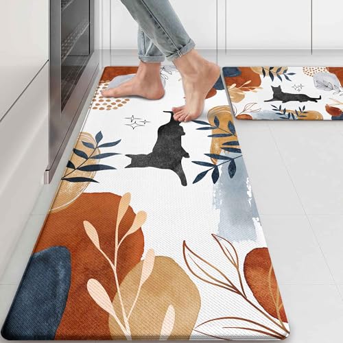 Boho Kitchen Rug Mats for Floor Cushioned Anti Fatigue Kitchen Rugs Sets of 2 Botanical Black Cat Non Slip Waterproof Comfort Memory Foam Standing Floor Mat for Office Laundry Sink Desk - color: Black Cat, size: 46"Lx17"W+29"Lx17"W-0.3"H