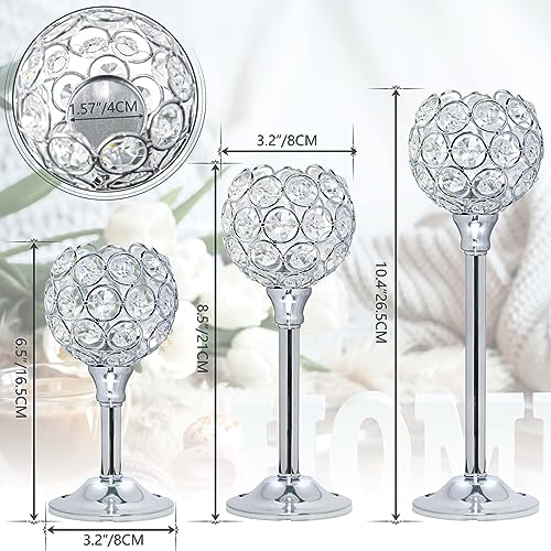 Set of 3 Silver Crystal Metal Tealight Candlestick, Bling Bowl Candelabras, Tall Votive Candle Holders Elegant Candle Centerpiece for Dining Table Wedding Decor - color: Silver