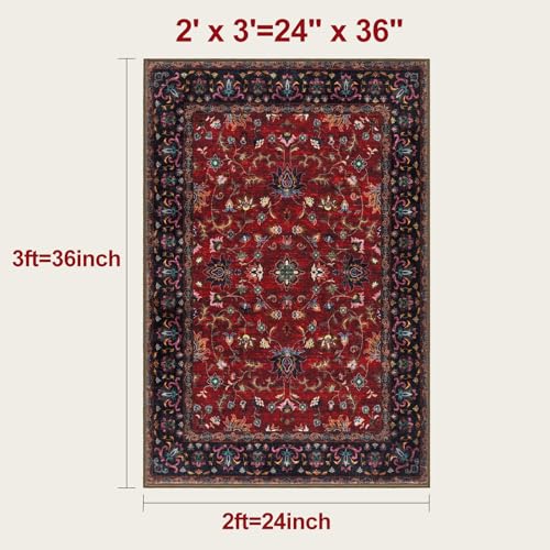 Oriental Red 2x3 Washable Rugs for Entryway, Non Slip Small Entry Rug - color: Floral/Red, size: 2' X 3' (Rectangular)