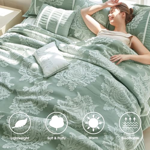 LANCO MODERN LIFESTYLE Sage California King Comforter Set 7 Pieces, Jacquard Woven with Damask, Bedding Set in a Bag Includes Comforter, Bed Skirt, Pillow Shams, and Decorative Pillows - color: Sage, size: California King