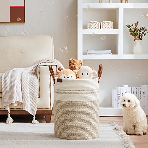 VIPOSCO 58L Tall Woven Rope Laundry Hamper, Leather Handles, Brown & White - color: Brown & White, size: 58L