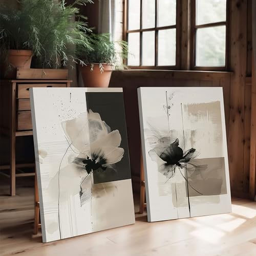 2Pcs Framed Neutral Abstract Canvas Wall Art Floral Pictures Modern Minimalist Posters Prints Beige Brown Black Flower Wall Decoration for Living Room Bedroom Bathroom Office 12x16in - color: Canvas, size: 16L" x 12W"