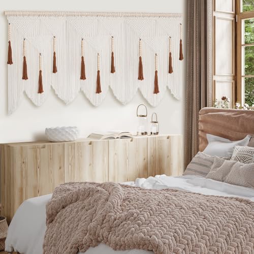 Large Macrame Wall Hanging, Boho Woven Tapestry with Wood Bead Tassel - size: Large
