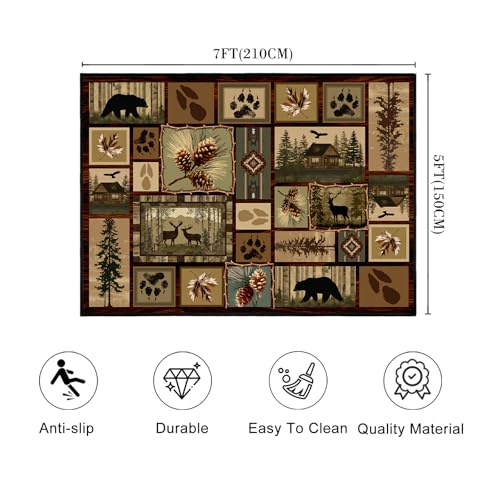 Cabin Rustic Rug 5x7,Deer Country Wildlife Bear Area Carpet - size: 5'x7'