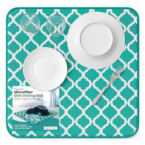 Dish Drying Mat for Kitchen Counter, Large 18 x 14 Absorbent Microfiber Pad - color: Teal Green Trellis