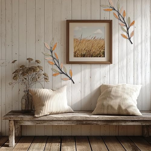 AHYS Metal Tree Leaf Wall Decor 2 PCS Rustic Vine Branch Leaf Wall Art for Living Room Bedroom Bathroom Decorations - Sunlit Wheat - color: Sunlit Wheat