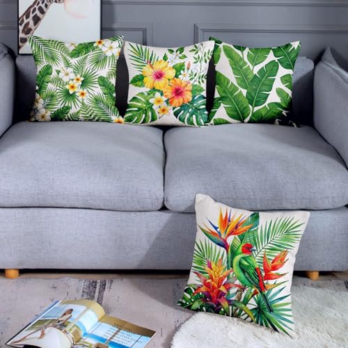 Throw Pillow Covers, Botanical Jungle, Set of 4, 18"x18" - color: Tropical Botanical