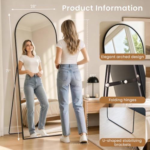 71" x 28"Large Arched Floor Mirror with Stand(Black) - color: Black, size: 71"L x 28"W