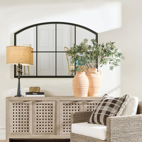 Black Windowpane Wall Mirror, 42" x 28" Arched Window Mirror - color: Black, size: 28"L x 42"W