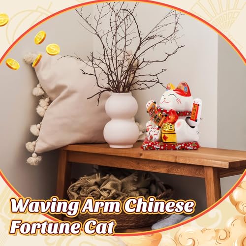 Wesiti 11 Inch Chinese Lucky Cat Waving Arm Large Ceramic Maneki Neko Feng Shui Money Fortune Cat Gift Decorations for Shops, Restaurants, Living Room Wealth from All Directions, Battery Not Included