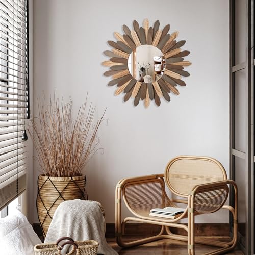 Emfogo Wall Mirror 21 inch Large Rustic Wood Boho Mirror Wall Decor Boho Room Decor Home Decor Aesthetic Farmhouse Decor for Bedroom Living Room Entryway(Tri-Color) - color: Tri-color, size: 21"L x 21"W